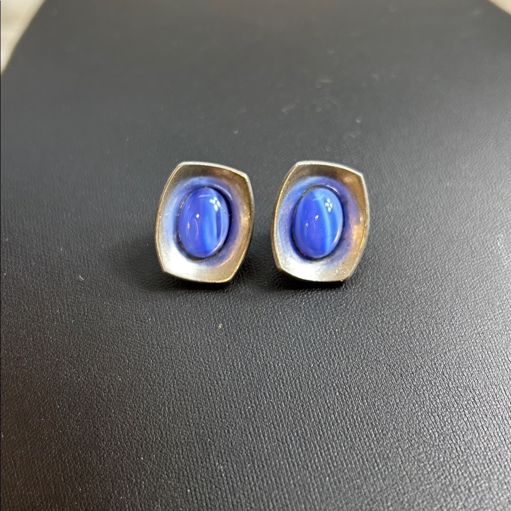 Jorgen Jensen Vejle handmade modernist pewter clip-on earrings blue glass stones